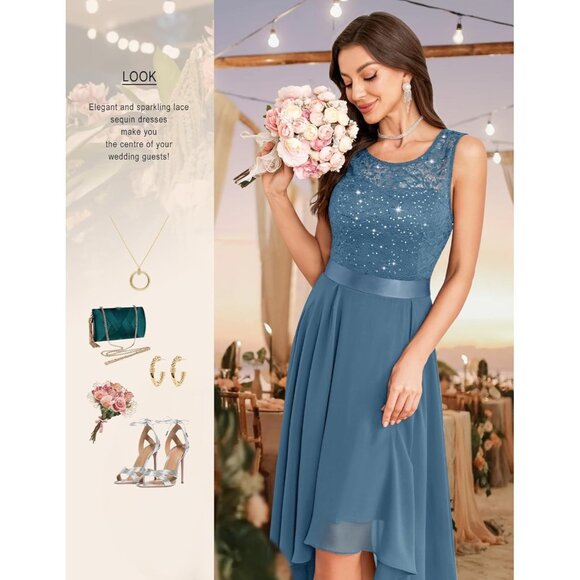 BeryLove Women Grey Blue Chiffon Scoop Neck Sleeveless Lace Cocktail Dress - Picture 3 of 6